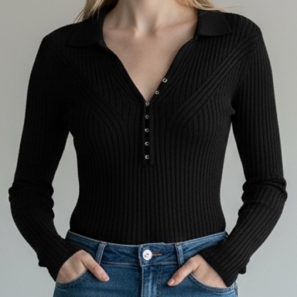 Abercrombie & Fitch Tops - Abercombie and Fitch Black Ribbed Long Sleeve Collared Bodysuit, Clasp Closures